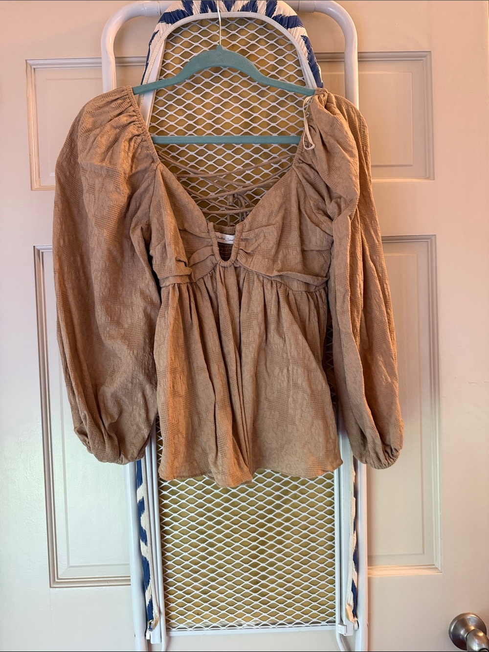 Mustard Seed Taupe Peasant Blouse with Tie-Front
